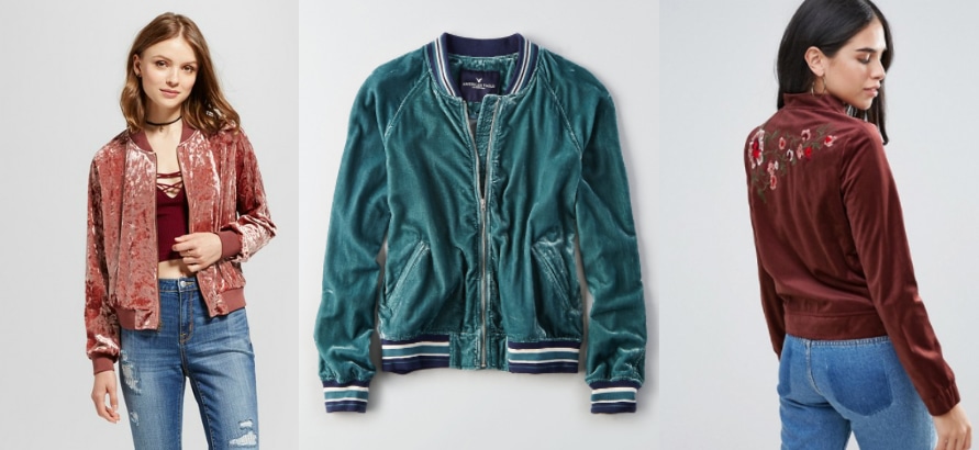 Velvet bomber jacket shopping guide (left to right): mauve crushed velvet jacket from Target, sporty teal bomber jacket from American Eagle Outfitters, and a floral embroidered dusty rose jacket from ASOS.