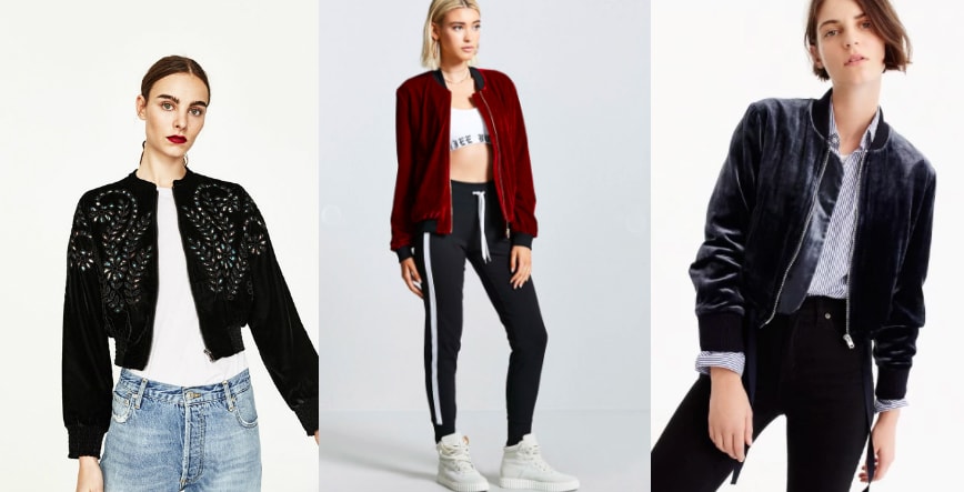 Velvet bomber jacket trend for fall (left to right): embroidered black velvet bomber jacket from Zara, Forever 21 oxblood velvet bomber jacket with black trim, space grey J. Crew lightweight jacket.