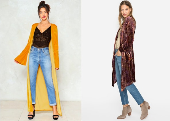 Velvet duster trend (from left to right): mustard yellow floor-length duster with bell sleeves from Nasty Gal and a purple silk burnout velvet duster with touches of gold from Johnny Was.