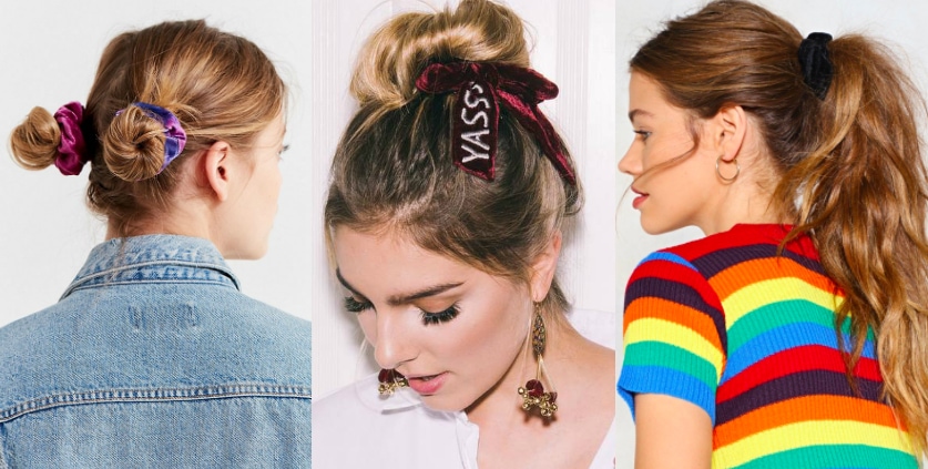 Velvet scrunchie trend from left to right: purple multicolored scrunchie set from Urban Outfitters, rouge scrunchie with bow and YASSS embroidery by New Friends Colony from Nordstrom, and a black velvet scrunchie hair tie from Nasty Gal.