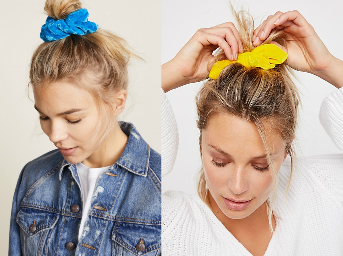 Velvet scrunchie trend from left to right: an azure blue luxe scrunchie by NAMJOSH from Shopbop and a thick yellow scrunchie from Free People.