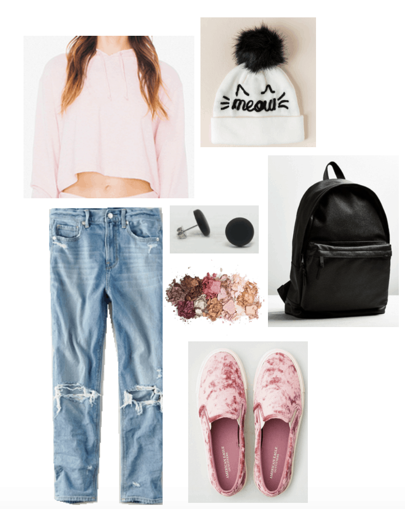 How to wear velvet shoes: First outfit with velvet sneakers including "Meow" beanie and casual cropped hoodie.