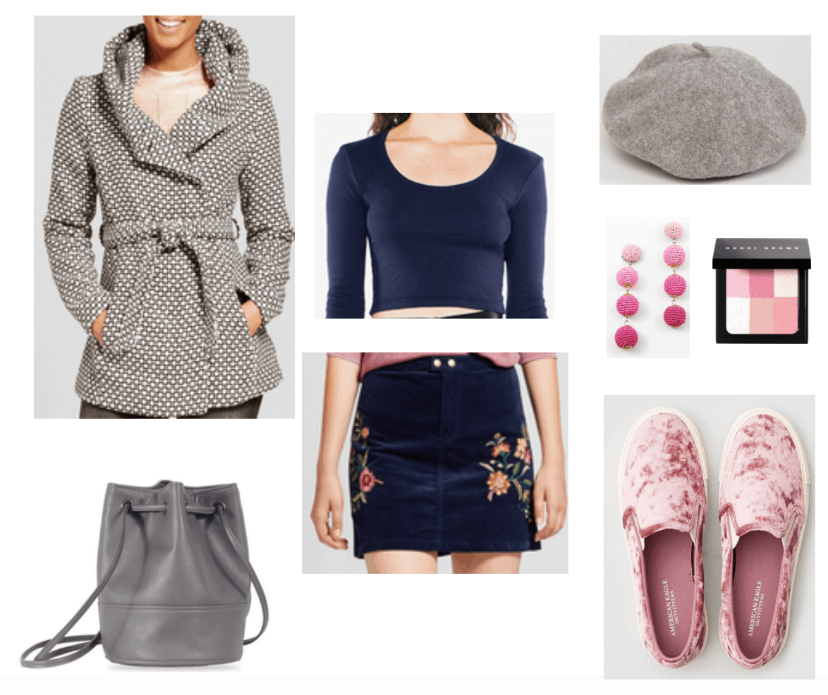 How to wear velvet shoes: Second outfit with velvet sneakers including grey beret and coat and navy corduroy skirt.