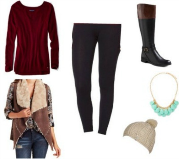 Outfit that features legging, riding boots, and vest
