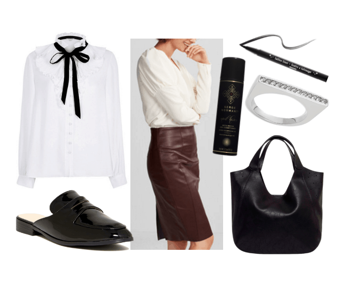 Work outfits ideas: Victorian collar blouse in white and black, burgundy faux leather pencil skirt, black slipper mules, black tote bag