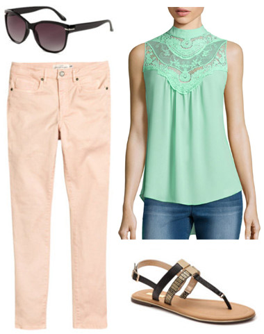 How to wear an ice green victorian blouse with pink jeans and sandals