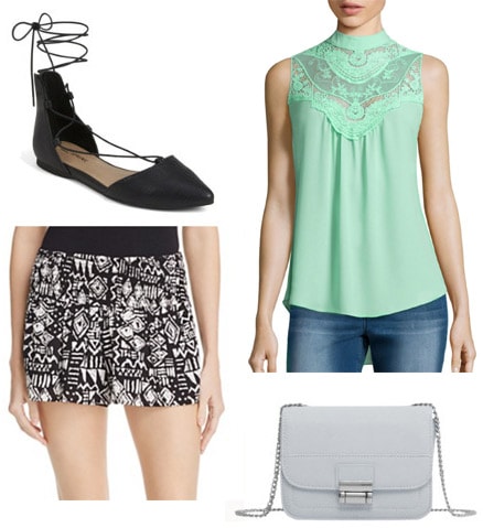 How to wear a mint green blouse with polka dot shorts, flats, and a cross body bag