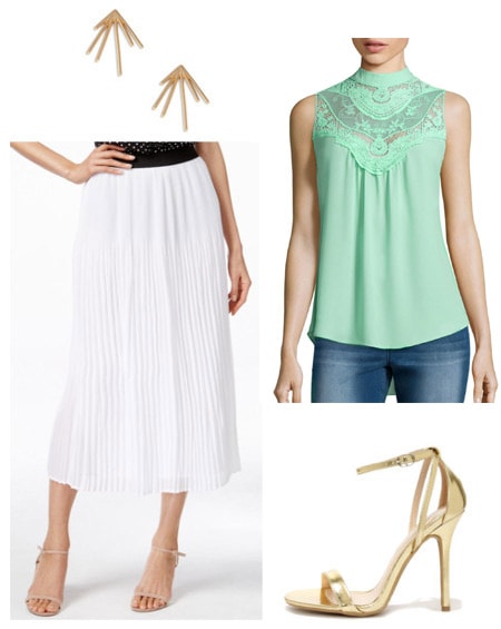 How to wear a mint green blouse with a white skirt, gold heels, and modern earrings