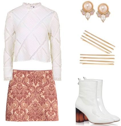 Modern outfit inspired by Victoriana - High neck blouse, jacquard mini skirt, stud earrings