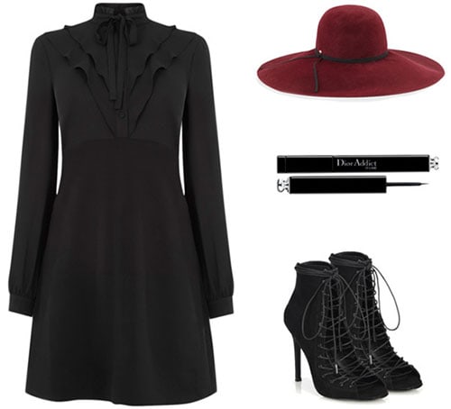 Modern Victorian outfit: High neck dress, oxblood hat, lace-up booties