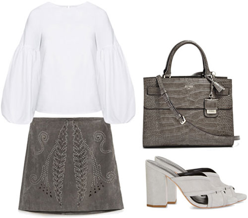 Outfit inspired by Victorian styles: Modern mini skirt, voluminous blouse, satchel bag, slides