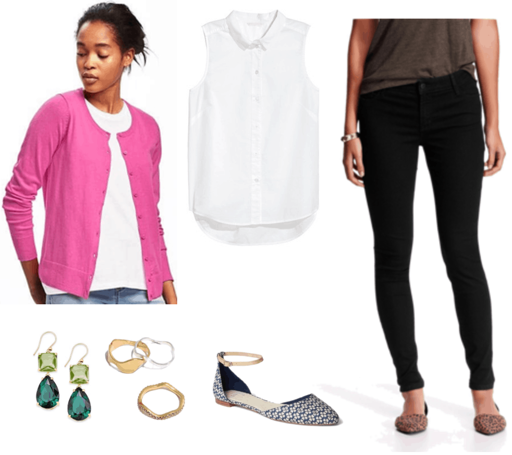 "What Should I Wear For My Video Interview?" Outfit #1 featuring bright pink cardigan, green drop earrings, wavy stacking rings, white sleeveless blouse, blue and off-white floral-patterned d'orsay flats with beige ankle strap, and black skinny jeans