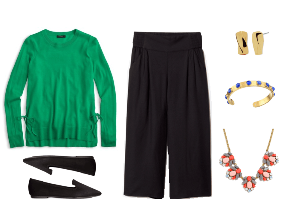 "What Should I Wear For My Video Interview?" Outfit #3 featuring bright green sweater with side ties, black loafers, black culottes, gold twisted earrings, gold cuff bracelet with blue stones, and gold statement necklace with coral, pink, gray, and pale blue stones