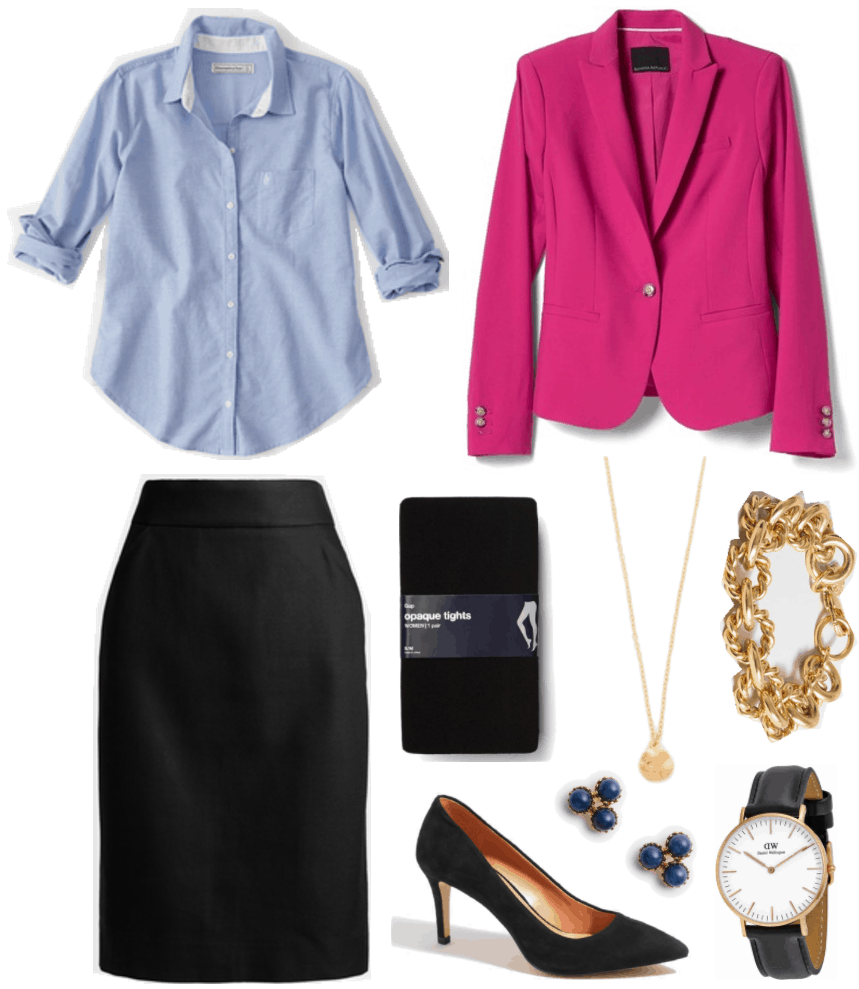 "What Should I Wear For My Video Interview?" Outfit #4 featuring pale blue oxford shirt, black pencil skirt, bright pink blazer, black tights, pointed-toe black heels, gold circle pendant necklace, gold studs with three blue stones, gold chain-link bracelet, and rose gold watch with black leather band