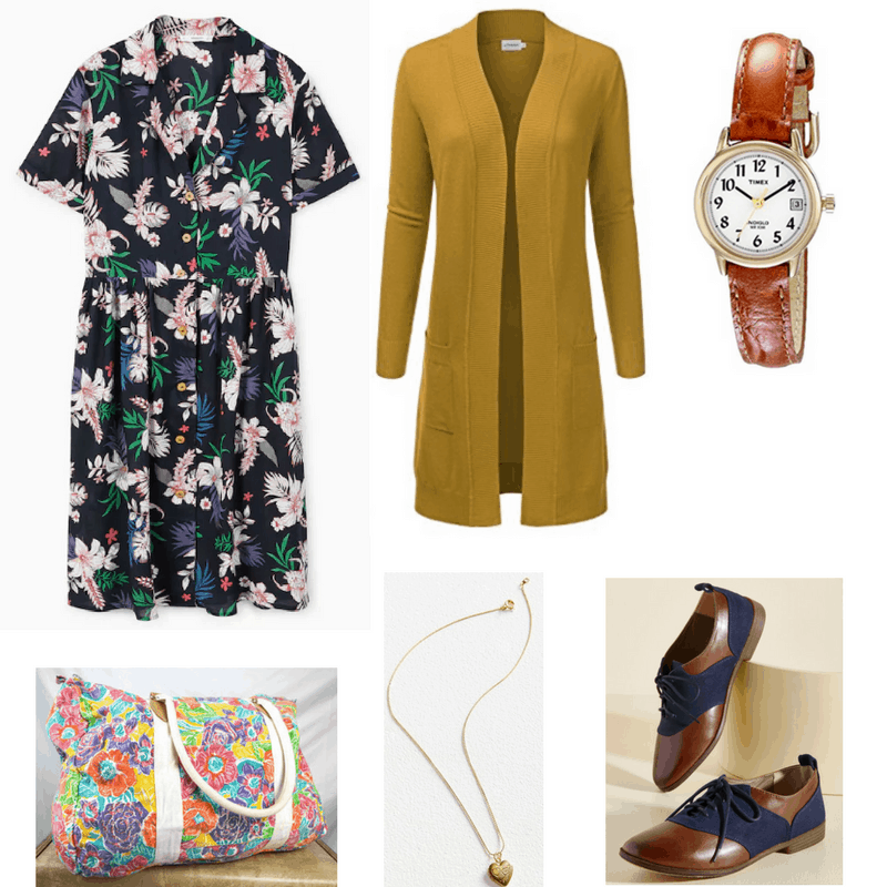 Vintage finals outfit with printed dress, mustard cardigan, oxfords, watch, necklace, and floral bag