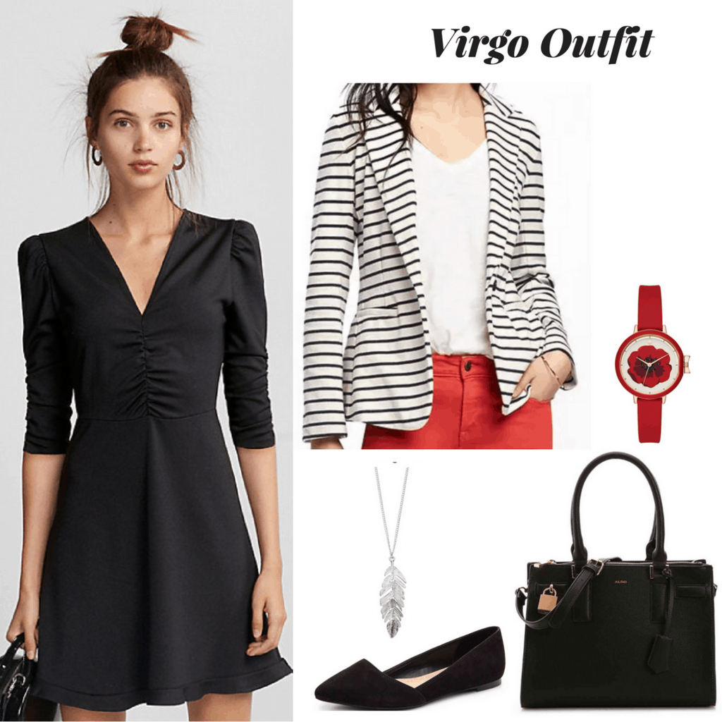 virgo outfit outfit inspired by astrology zodiac fashion little black dress outfit striped blazer outfit red watch outfit silver feather pendant necklace outfit black flats outfit black tote bag outfit