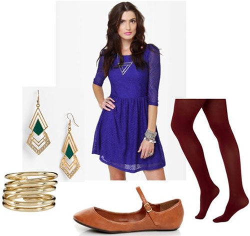 Walking outfit 1: Long sleeve dress, burgundy tights, ballet shoes, earrings, bracelet