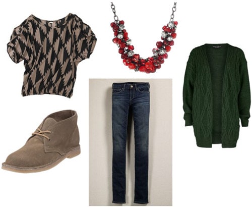 Outfit idea: Walmart geometric print tee, skinny jeans, red necklace, desert boots, green cardigan