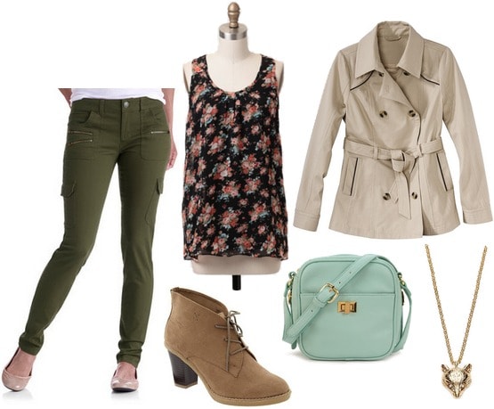 Walmart skinny cargo pants, floral blouse, ankle boots, trench coat