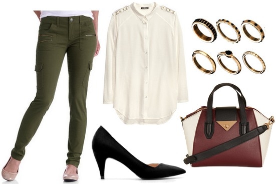 Walmart skinny cargo pants, white blouse, pumps