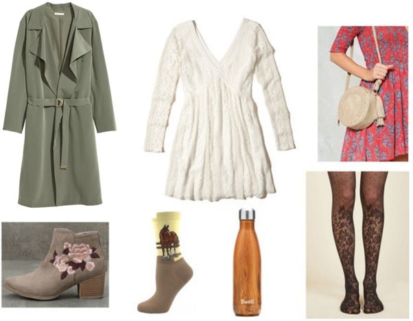 Outfit inspired by literature: War Horse. Includes white lace v neck dress, green trench coat, suede ankle booties with florals, horse socks, printed tights, beige bag