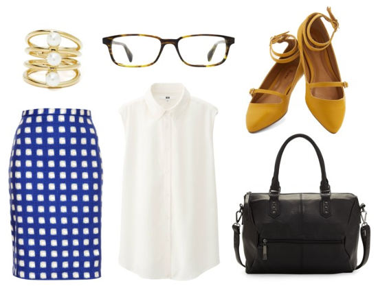Warby Parker white blouse blue check skirt