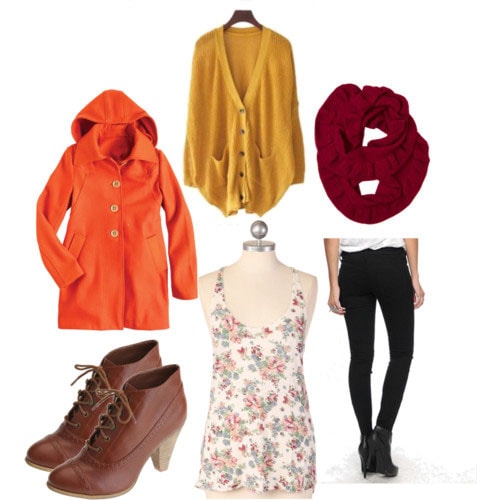 Warm multi-layer outfit for winter - orange coat, skinny jeans, yellow sweater