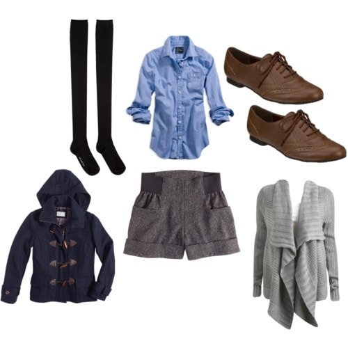 Warm multi-layer outfit for winter - gray shorts, pea coat, and sweater