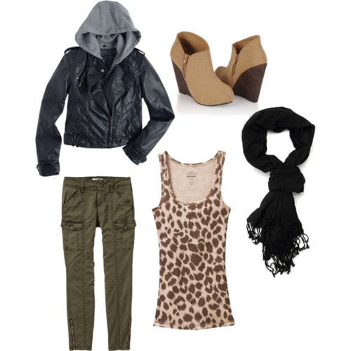 Warm multi-layer outfit for winter - patterned top and green pants