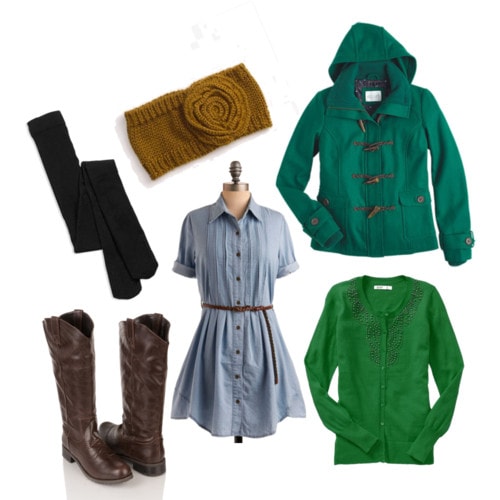 Warm multi-layer outfit for winter - green coat and blue dress