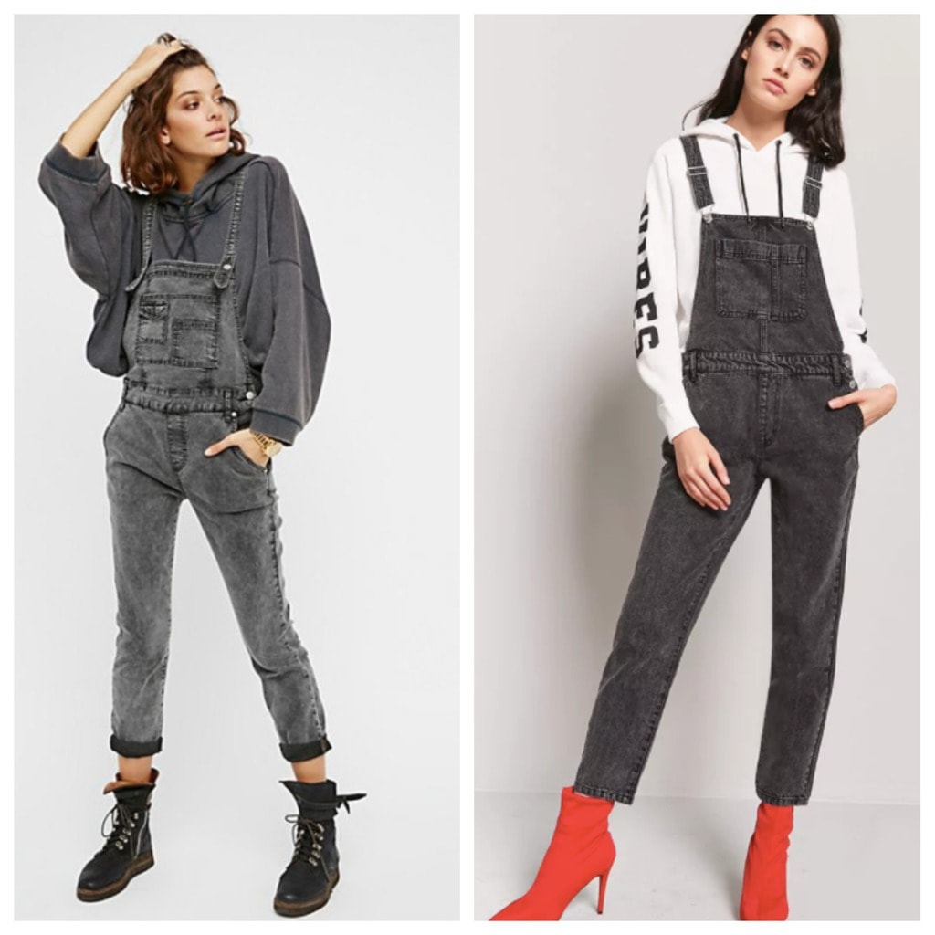 Two models: one wearing Free People overalls and the other wearing Forever 21 overalls. Both have sweatshirts underneath one wearing black boots the other red heels.