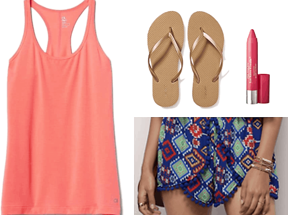 coral tank top printed shorts gold flip flops lip stain water balloons outfit