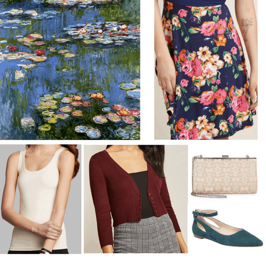 outfits inspired by water lilies outfits inspired by impressionism outfits inspired by monet watercolor floral skirt cream tank top burgundy cropped cardigan clutch bag with floral detailing teal flats