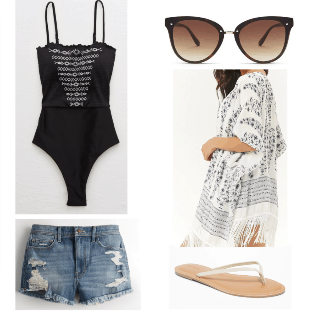 black one piece, sunglasses, white kimono, white flip flops, ripped blue denim shorts