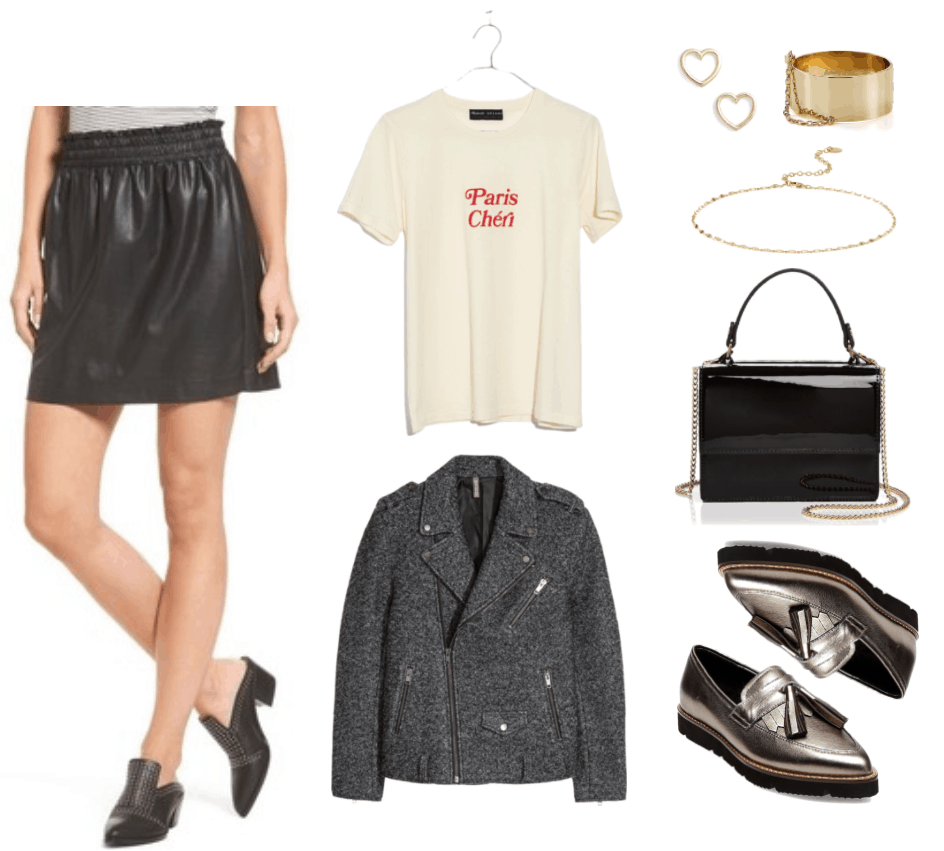 "Wear It Now, Wear It Later: Faux Leather Mini Skirt" Wear It Now featuring black faux leather mini skirt with paper bag waist, off-white short-sleeved t-shirt with red "Paris Chéri" slogan, charcoal-gray wool motorcycle jacket, gold open heart stud earrings, thick gold bracelet with chain, gold choker necklace, black patent satchel with gold chain cross-body strap, metallic pewter pointed-toe loafers with tassels and thick sole