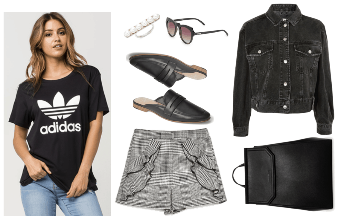 Fall shorts styled for late summer/early fall. Outfit featuring black oversized short-sleeved crewneck t-shirt with white "Adidas" logo, silver ring with bar of pearls, black-and-brown ombré cat-eye sunglasses with brown ombré lenses, black loafer mules, gray plaid shorts with ruffles with black trim, black cropped oversized denim jacket, black faux leather backpack