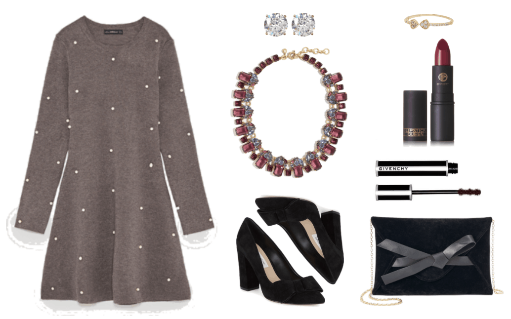 Medium-dark heather gray long-sleeved skater dress with white pearl embellishments, round clear stone stud earrings set in gold, statement necklace with mauve and periwinkle stones set in gold, black suede pointed-toe pumps with block heel and bow at toe, gold arrow wrap ring with clear stones, Lipstick Queen Sinner Lipstick in 