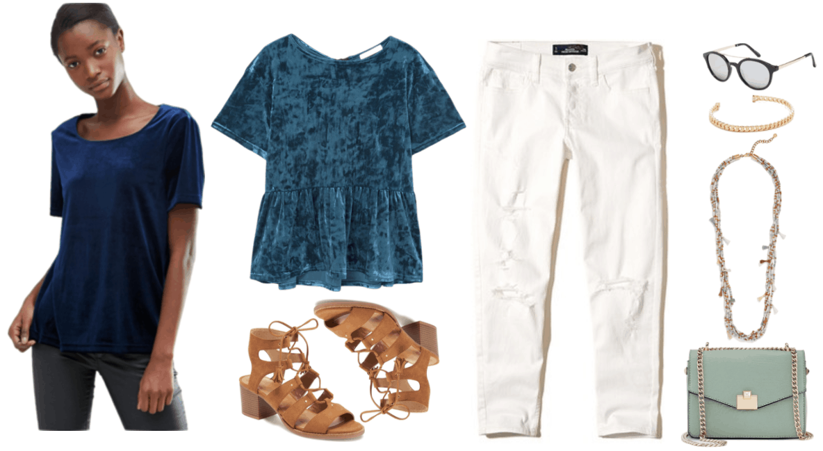 "Ask CF: How Do I Wear Velvet in the Spring?" Outfit #1 featuring dark blue short-sleeved velvet t-shirt, medium blue short-sleeved velvet top with peplum, cognac brown lace-up gladiator sandals with heel, white destroyed boyfriend jeans, black round sunglasses with silver metal details, gold chain-link cuff, bronze, white, and pale blue-gray multi-strand beaded necklace with fringe, soft green chain-strap cross-body bag with gold hardware