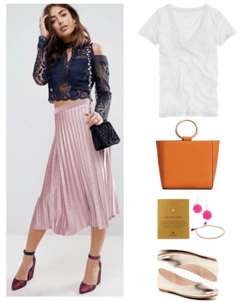"Ask CF: How Do I Wear Velvet in the Spring?" Outfit #2 featuring pale pink velvet pleated midi skirt, white short-sleeved v-neck t-shirt, brown tote with gold ring handles, silver necklace with gold elephant pendant, gold drop earrings with bright pink pompoms, gold beaded bracelet with red fringe details, gold scalloped ballet flats
