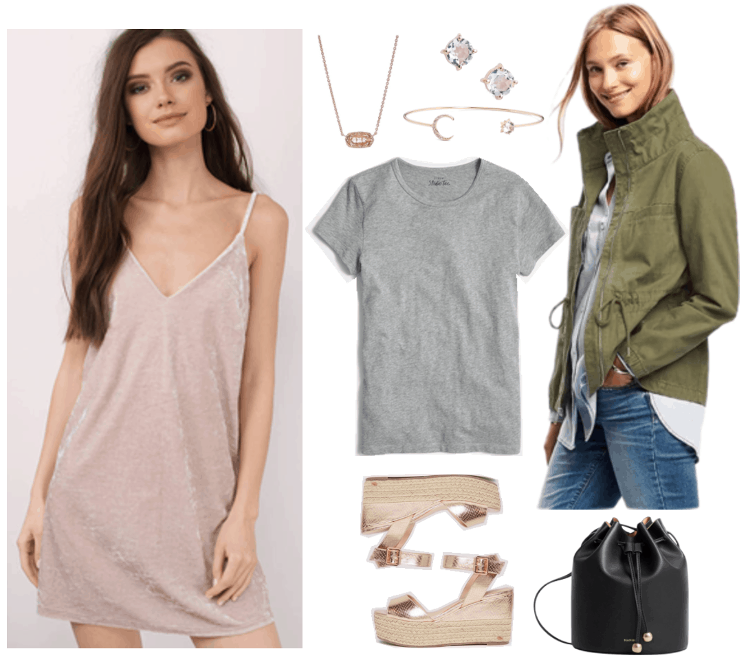 "Ask CF: How Do I Wear Velvet in the Spring?" Outfit #3 featuring dusty pink v-neck short velvet slip dress, rose gold necklace with gold-dusted glass stone, rose gold stud earrings with white topaz, rose gold moon-and-star cuff bracelet with clear stones, gray short-sleeved t-shirt, rose gold espadrille flatform sandals, olive green anorak, black bucket bag with gold balls on ties