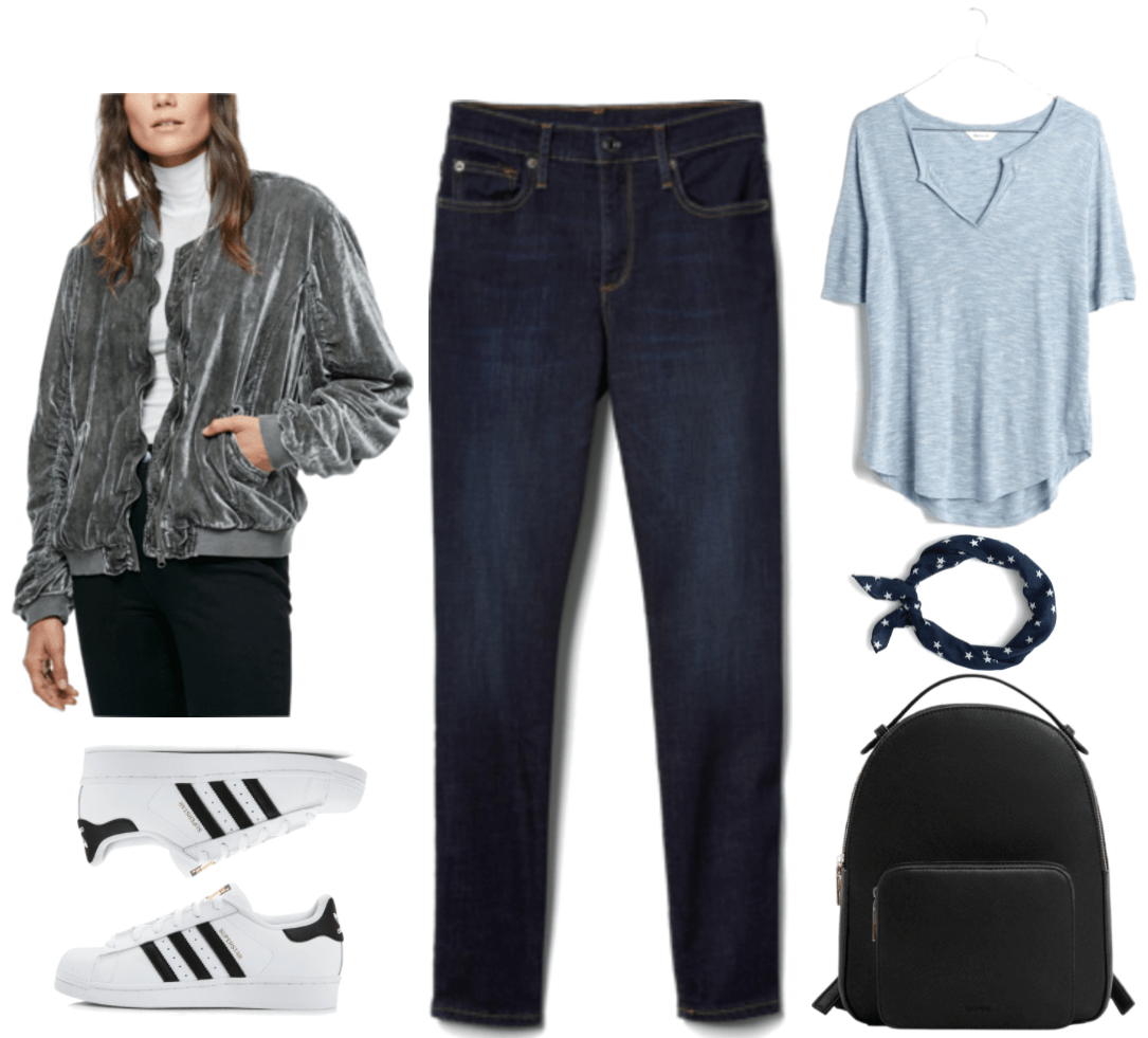 "Ask CF: How Do I Wear Velvet in the Spring?" Outfit #4 featuring gray velvet bomber jacket, white Adidas sneakers with black stripes, dark-wash skinny jeans, bright blue-and-white skinny-striped t-shirt, navy blue bandana with white stars, black backpack