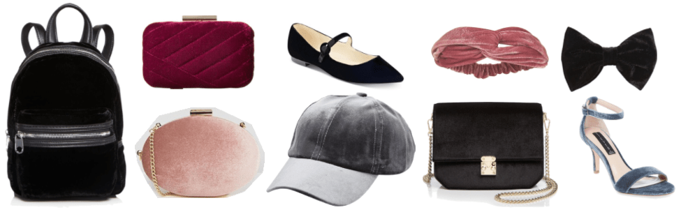 "Ask CF: How Do I Wear Velvet in the Spring?" Velvet Extras featuring black velvet backpack with silver hardware, wine-colored quilted velvet box clutch with gold hardware, pale pink oval velvet clutch with gold chain and hardware, black pointed-toe velvet Mary Jane flats, gray velvet baseball cap, medium pink velvet headband, black velvet cross-body bag with gold chain strap and hardware, black velvet bow hair clip, medium blue velvet ankle-strap heeled sandals