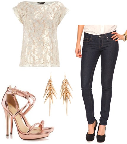 Weekend outfit 1: Karaoke with the girls - Lace top, skinny jeans, metallic heels, statement earrings