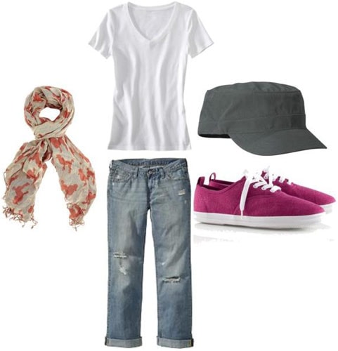 Weekend outfit 2: Saturday morning campus cleanup - Ripped jeans, basic v-neck tee, scarf, hat, magenta canvas sneakers