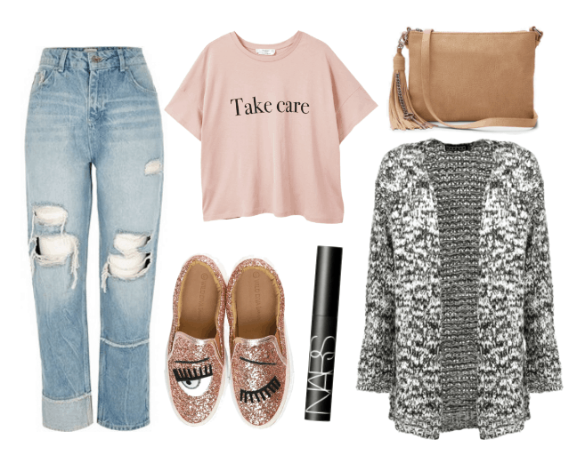 What to wear out with coworkers: Outfit for weekend team-building exercise with glitter flats, boyfriend jeans, marled cardigan, Take Care graphic tee shirt and fringe bag