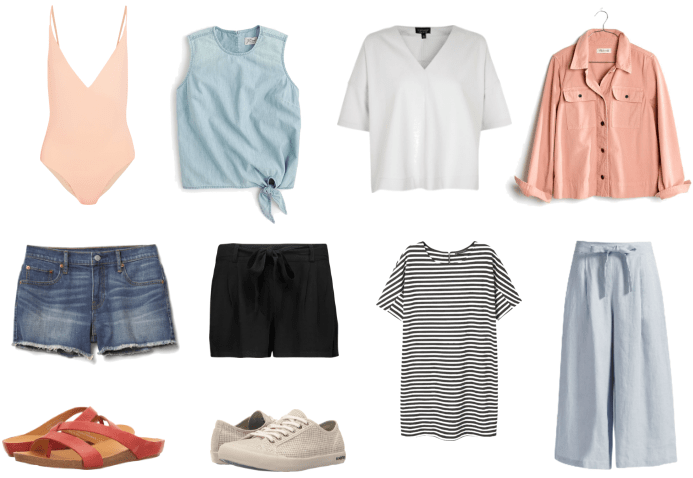 Packing list for a weekend trip – beige one piece, denim shorts, chambray tie front top, button down shirt in pink, v-neck tee shirt, striped tee shirt dress, black shorts, sneakers, sandals, wide leg pants