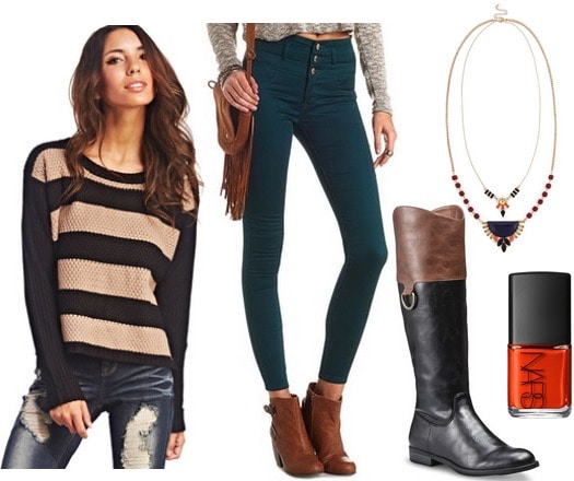 Wet seal striped sweater, colored skinnies, riding boots