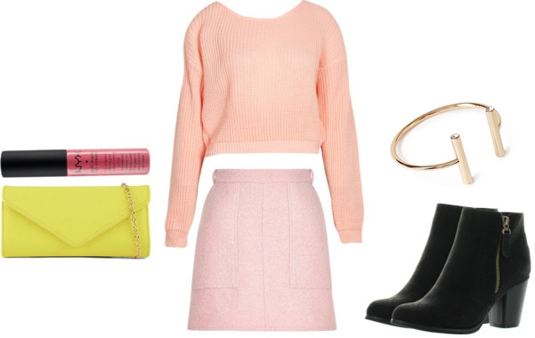 Wham outfit 3 - pastel pink sweater and skirt, neon accessories, black boots