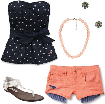 Outfit inspired by One Direction's What Makes You Beautiful video: Peach shorts, polka dot strapless top, necklace, white sandals, flower earrings