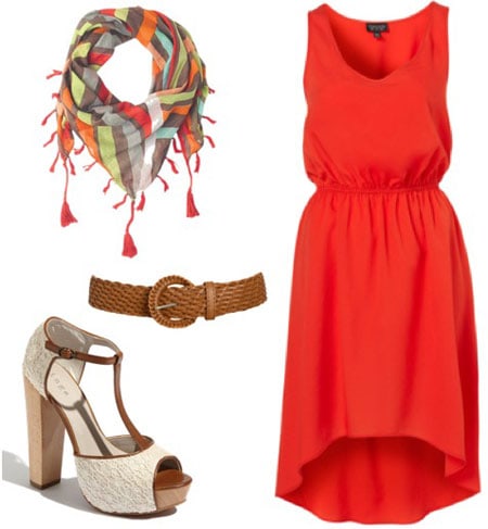 Outfit inspired by One Direction's What Makes You Beautiful video: Red high-low dress, brown belt, patterned scarf, white t-strap sandals